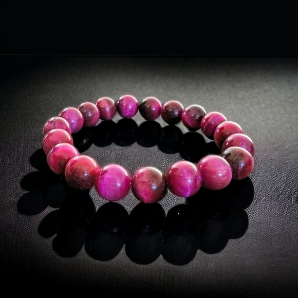 Rose Red Tiger Eye Bracelet - 10mm Unisex Natural Stones Stretches - Picture 2 of 3